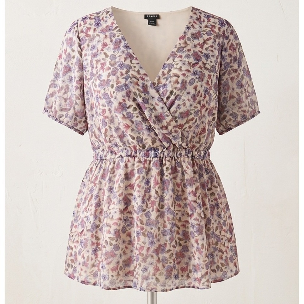 Torrid 1 Floral Surplice Peplum Top Purple Short Sleeve Plus Size 1X Botanical